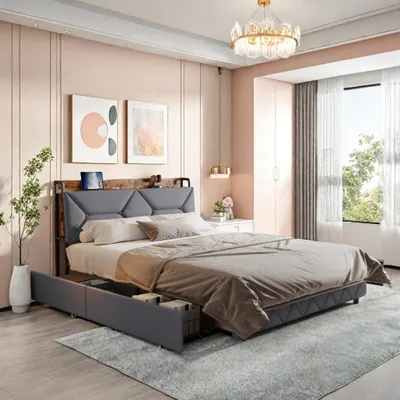 Produktbild von Doppelbett 140x200 cm mit ergonomisch geneigtem Kopfteil, verstecktem Stauraum, USB-/Typ-C-Anschlüssen und 4 platzsparenden Schubladen