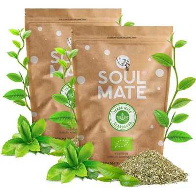 Produktbild von Soul Mate - Mate Tee Bio Organica Elaborada 1kg - Traditionelle Mischung mit Stielen - Rauchfrei - Luftgetrocknet - Yerba Mate Brasilien 2x500g