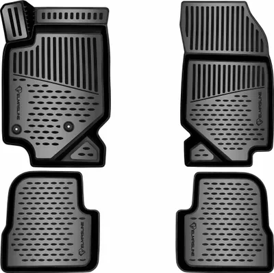 A set of four black car floor mats arranged on a white background.