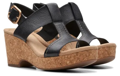 Immagine prodotto di Clarks, sandali con zeppa e cinturino, modello Giselle, in pelle nera, taglia 7.5 (calzata larga)