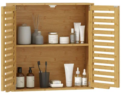 Produktbild von Sunvello Badezimmerschrank Hängeschrank aus Bambus mit atmungsaktiv Lamellentüren, verstellbar Ablage 60 x 20 x 60 cm Naturholz