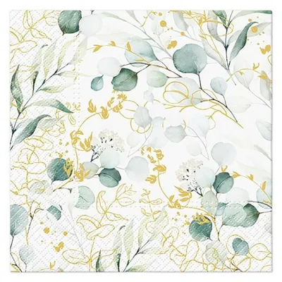 Produktbild von 20 Servietten Golden Eucalyptus - Eukalyptus an goldenen Blättern 33x33cm