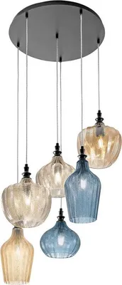 Image de Cleofe - Lustre à suspension 6 lumières en verre ambre, ocre et cobalt - 6XE27 max 6X60W, et élégant