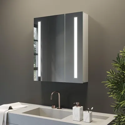 Produktbild von Spiegelschrank mit LED Beleuchtung für Badezimmer Badezimmer Wandschrank 60x70 cm, mit 2 Türen, Infrarot Sensor (IR) , Beschlagfrei, Kaltweiß