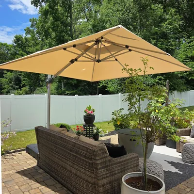 Produktbild von PURPLE LEAF Sonnenschirm 300 x 300 cm Ampelschirm Quadratischer Außenbereich Alu Doppelsonnenschirm 360° Rotation, Sonnenschutz UV50+, Beige