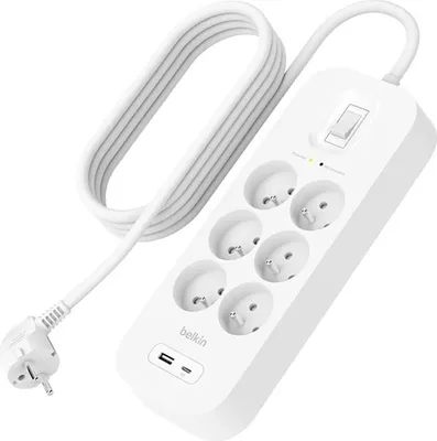 Produktbild von Belkin, 6-fach Überspannungsschutz-Steckdosenleiste mit USB und USB-C, Weiß