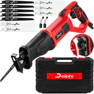 Image de Scie sabre électrique Delphi Tools 750W avec poignée rotative, système de changement de lame rapide, réglage de la vitesse et mallette – pour le bois,