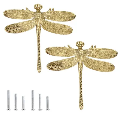 Image de 2 lots de poignées en laiton pour tiroirs, armoires, penderies et commodes – boutons de meubles avec motif de libellule et vis