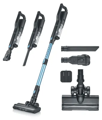 Produktbild von Severin Kabelloser Akku-Staubsauger, Saugrohr höhenverstellbar, LED-Beleuchtung, 50 Min Laufzeit, Tierhaare & Allergiker, 300W, blau/schwarz, HV 7151