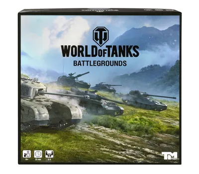 The image shows the packaging of a board game called World of Tanks Battlegrounds, featuring several tanks in a mountainous landscape.