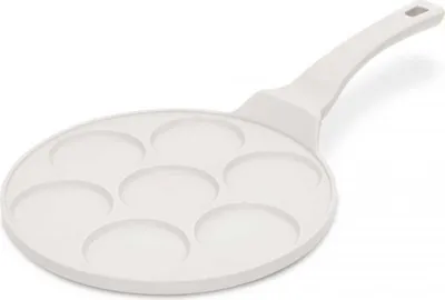 A white pancake pan with multiple circular molds and a white handle, isolated on a white background.