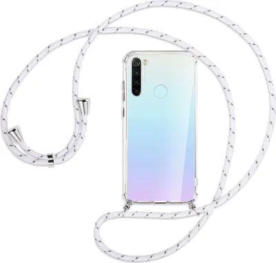Produktbild von Handykette Backcover-Schutzhülle mit Band (Metall silberfarben) für Xiaomi Redmi Note 8 - weiß/grau
