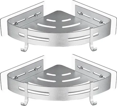 Imagen del producto de Estante de ducha Unyqoos® sin taladro: estante de esquina de metal, 2 niveles con 4 ganchos, autoadhesivo, resistente a la corrosión, color plateado, capacidad de hasta 10 kg, ideal para baño y cocina