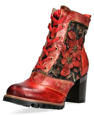 Produktbild von Laura Vita Damen Stiefelette Flügelkappe Blumenapplikation Schmuckstein KADIO 14, Größe:38 EU, Farbe:Rot