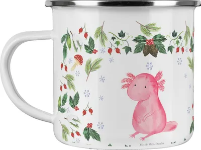 Produktbild von Mr. & Mrs. Panda Haferl Axolotl Glücklich - Weiß - Geschenk, Emaille Tasse, Becher, Teetasse, Pott, Wintermotiv
