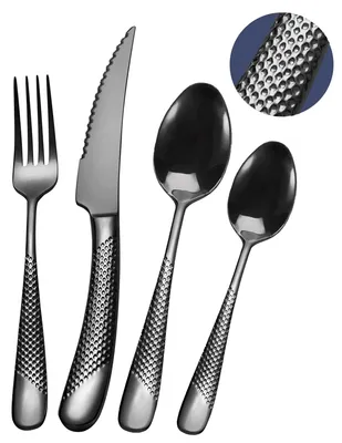 Image de Ensemble de couverts moderne noir, à motif martelé, comprenant 24 pièces pour 6 personnes