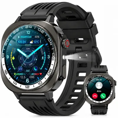 Obrázok produktu pre Inteligentné hodinky pre pánov, AMOLED displej, vojenský štýl, GPS, Bluetooth, funkcia prijímania hovorov, LED baterka, viac ako 130 športových režimov, monitorovanie srdcovej frekvencie, SpO2, monitorovanie spánku, vodotesnosť IP68, farby: čierna, sivá