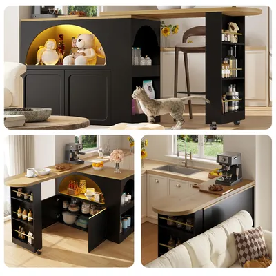 Imagen del producto de Mesa de bar extensible, 135-205 x 39 x 100 cm, con iluminación LED, puerta arqueada, color negro