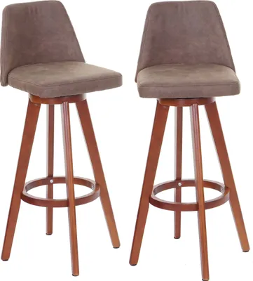 Two brown bar stools are shown against a white background.