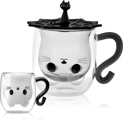 Productafbeelding van Unyqoos® Dubbelwandige glazen koffiemok met handvat, 250-300 ml – Gemaakt van borosilicaatglas, geïsoleerd voor warme en koude dranken, cadeau voor kattenliefhebbers