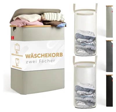 A product image showcasing a beige laundry basket with a wooden lid, filled with clothes. Several other laundry baskets in different colors are displayed to the right.