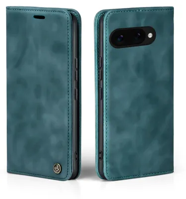 A teal flip-style phone case is shown from two angles, open and closed, against a white background.