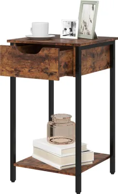 Produktbild von Beistelltisch im Industriestil, Schublade, Ablagefach, Metallrahmen, Holz, 40 x 40 x 68 cm, Braun