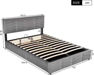 Immagine prodotto di okwish Letto imbottito 140 x 200 cm, Letto matrimoniale, letto idraulico, velluto, stile a righe, letto continentale, testata regolabile in altezza, grigio