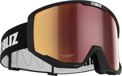 A pair of black ski goggles with a golden brown and red multi-coated lens, shown from the front.