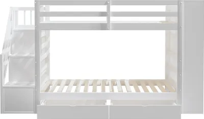 Produktbild von Etagenbett 90x200cm(Ohne Matratze)Kinderbett Holzbett Mit Streppe Mit Staufächern Stauraumschubladen und Schließfächern hohe Zaunkonstruktion Weiß