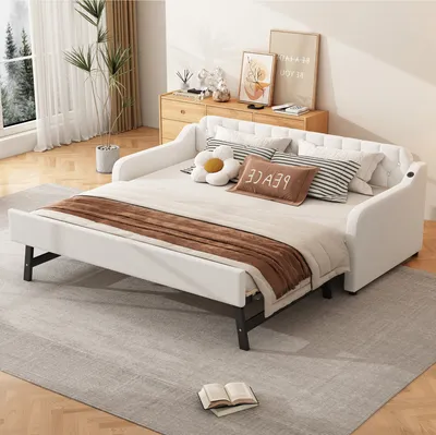 Produktbild von okwish Schlafsofa Daybett 90x200cm mit ausziehbares Rollbett und USB-Anschluss, Tagesbett Kinderbett Jugendbett Sofabett aus Holz(Ohne Matratze)- Beige