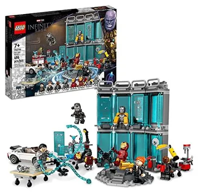Immagine prodotto di LEGO 76216 Marvel l'officina di Iron Man con 3 armature da combattimento, automobilina e robot, giocattolo Avengers da costruire, set con 5 minifigure, regalo per bambini dai 7 anni