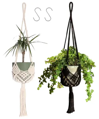 Produktbild von Makramee-Hängepflanzgefäß, 2er-Set, Boho-Blumendekoration, 89 cm, beige/schwarz