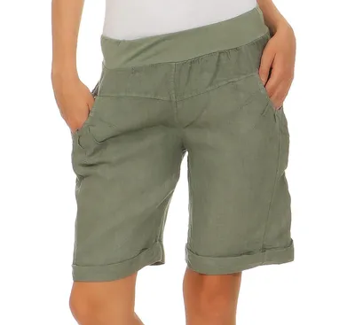 Produktbild von Bermuda Shorts Damen Leinenshorts kurze Hose Freizeithose 100% Leinen Shorts Uni Sommer Strand Art. 276 Oliv Small (enstrpr. 34)