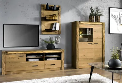 Produktbild von Wohnzimmer Modern Holzmöbel TV-Lowboard Vitrine s Wandregal Set 3tlg