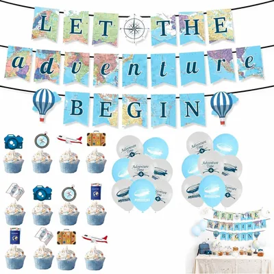 Produktbild von Reisparty Dekoration Set 40 Stück, Banner, Cupcake Topper, Luftballons, für Abenteuerpartys