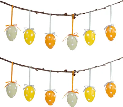 Produktbild von 12er Set Deko Eier Hängedeko Ostern Gelb Orange Grün Punkte Ostereier zum Aufhängen