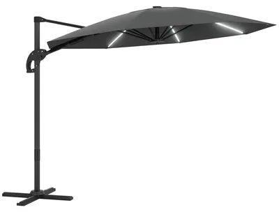 Zdjęcie produktu dla Parasol ogrodowy - parasol typu "markiza" - średnica 300 cm - oświetlenie LED zasilane energią słoneczną - regulowana wysokość - mechanizm rozkładania za pomocą korby - ochrona UV50+ - tkanina Oxford - kolor khaki