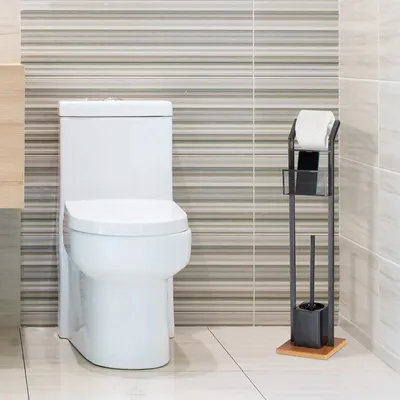 Produktbild von Relaxdays WC-Garnitur mit Ablage, Papierhalter, WC-Bürste, Bürstenhalter, quadratischer Fuß, Holzoptik, H 78 cm, schwarz