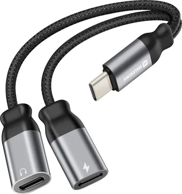 Produktbild von Swissten, USB-C 2in1 Audio & Ladung Splitter Nylon, Schwarz