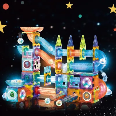 Produktbild von Magnetische Bausteine 144 Teile mit LED-Beleuchtung und Magnetkugelbahn,STEM Montessori-Lernspielzeug für kreatives Bauen