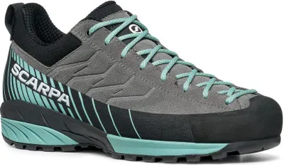 Mescalito GTX Wmn Approach Schuhe von Scarpa in Grau mit mintgrünen Akzenten und Schnürung.