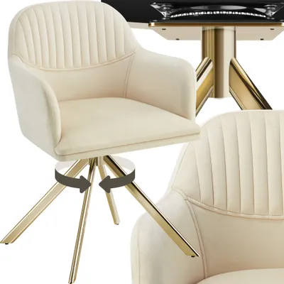 A cream-colored velvet swivel chair with gold legs is shown from multiple angles, with arrows indicating rotation.