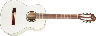 A white acoustic guitar is shown against a white background.