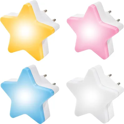 Four star-shaped night lights in different colors.