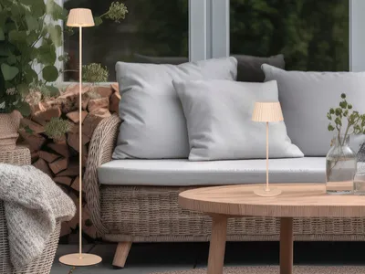 Produktbild von SET: Outdoor Akku Stehlampe dimmbar 123cm klein & Tischlampe kabellos 39cm Beige