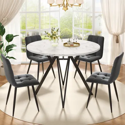 Immagine prodotto di Set da pranzo Flieks 5 pezzi, tavolo da pranzo con 4 sedie in lino, tavolo rotondo 100x100x76 cm, set da pranzo moderno, nero + grigio