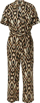 Produktbild von comma Damen Overall mit V-Ausschnitt und Stehkragen, kurzärmelig, Bindegürtel, luftiger Leinenmix, All-over-Print