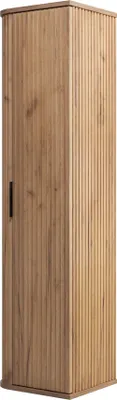 A tall, narrow wooden cabinet with a ribbed texture and a single black handle on the left side.