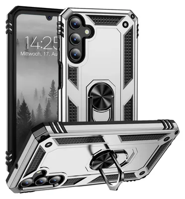 A silver and black rugged phone case with a built-in ring stand, shown from multiple angles.